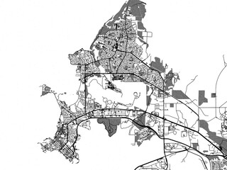 greyscale vector city map of darwin in australia with with water, fields and parks, and roads on a w