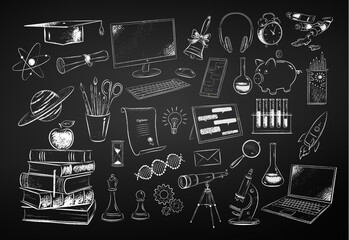 Wall Mural - vector black and white chalk drawn illustration set of education and science items on chalkboard bac