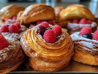 Sticker - Plate of fresh puff pastries with raspberries and powdered sugar, AI-generated.