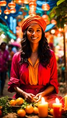 Poster - a woman sitting in front of candles surrounded by produce items