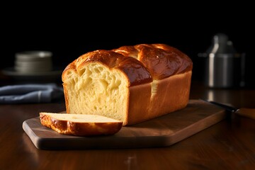 Poster - Freshly sliced white bread on a wooden cutting board with a sharp knife nearby, AI-generated.