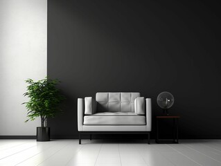 Wall Mural - a living room with white tile flooring and black walls, a black couch,