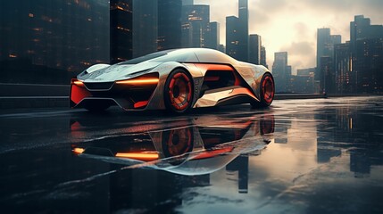 Sticker - AI generated illustration of a futuristic sports car in a sprawling metropolitan skyline