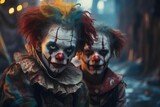 AI generated illustration of Two clowns with vibrant red hair and intricate face paint designs