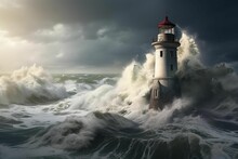 AI Generated Illustration Of A Picturesque Lighthouse Overlooking Turbulent Waves In An Overcast Sky