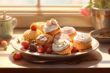 Sticker - AI generated illustration of a white plate with freshly baked strawberry cream cupcakes