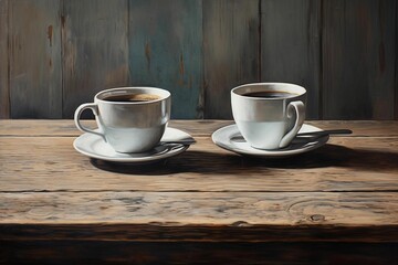 Sticker - AI generated illustration of two white ceramic mugs with steaming hot coffee on a wooden table