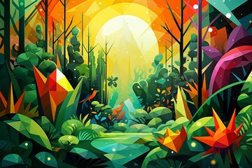 Wall Mural - AI generated illustration of a lush, green forest with towering trees