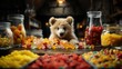 A bear surrounded by a variety of colorful jelly candies and confectionery treats