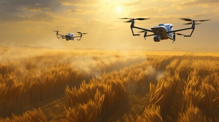 Poster - AI generated illustration of Aerial view of two drones in flight over a wheat field at sunset