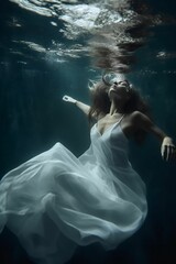 Poster - Female in a white dress gracefully suspended in the depths of a tranquil ocean. AI generated