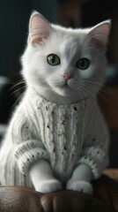 Sticker - AI generated illustration of a white domestic cat dressed in a cream-colored sweater