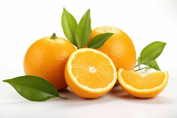 Canvas Print - AI-generated illustration of three freshly cut oranges arranged in a group on a white backdrop