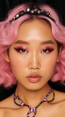 Poster - AI generated illustration of a young female with pink hair and pink makeup against black background