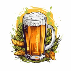 Sticker - AI generated illustration of foaming beer in a traditional stein mug with hops and leaves background