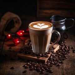 Canvas Print - Cup of coffee beside roasted coffee beans, AI-generated.