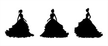 Silhouette Of A Young Pretty Woman In Long Dress With Frill, Fluffy Skirt. Bride Silhouette In Luxury Ball Gown For Design, Prints, Posters, Decor, Web. Slim Female Vintage Style Dress