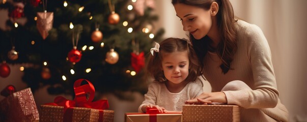 Wall Mural - Toddler girl and mother, at Christmas in living room with Christmas presents and tree, empty copy space Generative AI