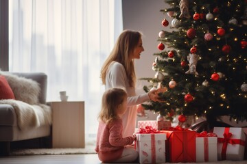 Wall Mural - Toddler girl and mother, at Christmas in living room with Christmas presents and tree, empty copy space Generative AI