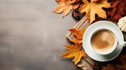 Sticker - AI generated illustration of a cup of coffee on autumn leaves on a plain background