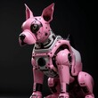 AI generated illustration of a futuristic pink robotic dog on a black background