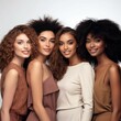© Excalibur1/Wirestock Creators - Group of four diverse young female models, all wearing neutral-toned outfits, AI-generated.