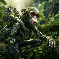 Poster - AI generated illustration of a small robotic monkey in a lush green forest