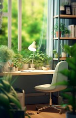 Poster - AI generated illustration of interior office space with modern furnishings and plants