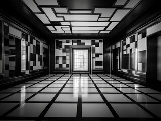 Canvas Print - Empty interior room featuring a checkered floor pattern of black and white tiles, AI-generated.