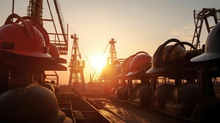 Wall Mural - ai generated illustration of a picturesque sunset backlighting construction helmets and tools