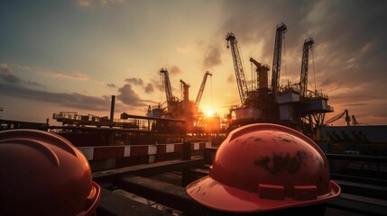 Wall Mural - ai generated illustration of a stunning sunset illuminates a construction site, with hard hats