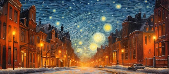 Sticker - AI generated illustration of an oil painting of a winter townscape