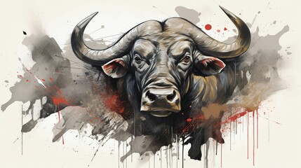 Canvas Print - Watercolor painting of a buffalo with colorful swirls on a white background, AI-generated.