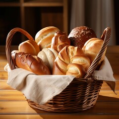 Sticker - AI generated illustration of a basket of freshly baked bread on a wooden table