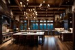© Imtisal - A mountain lodge kitchen with antler chandeliers.