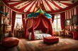 A whimsical circus-themed bedroom with circus tent-inspired canopy.