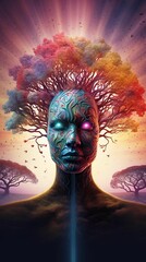 Canvas Print - AI generated illustration of a female against the backdrop of a sunset with trees atop her head