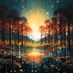Wall Mural - the sun shines brightly in the background as trees stand in front of a stream