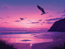 Illustrate A Serene Vector Scene Of A Beach At Dusk, With Gently Rolling Waves And A Sky Painted In Shades Of Pink And Purple, As Seabirds Return To Their Nests.