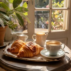 Poster - Tray containing freshly brewed coffee and a selection of croissants, AI-generated.