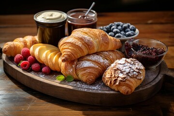 Sticker - Rustic wooden tray with an assortment of breakfast items on it, AI-generated.