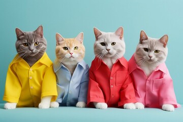 Canvas Print - AI-generated illustration of Four adorable felines dressed in stylish clothing