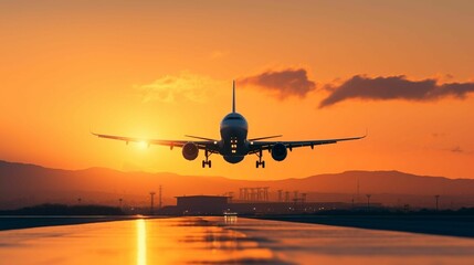 Wall Mural - ai generated illustration of an airplane landing on a runway at sunset