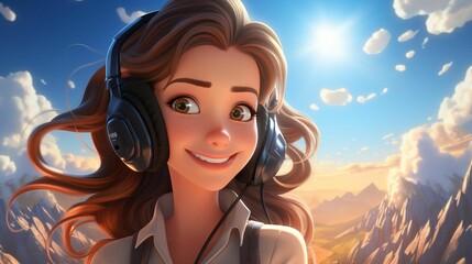 Wall Mural - AI generated illustration of a smiling cartoon girl wearing headphones