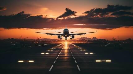 Wall Mural - ai generated illustration of an airplane landing on a runway at sunset