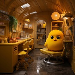 Poster - an yellow object sits in a chair in a room with yellow walls and floors