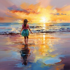 Wall Mural - ai generated illustration of a young girl standing on a beach, admiring the sunrise