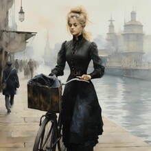 AI Generated Illustration Of A Blonde Woman In Vintage Black Dress Next To Her Vintage Bicycle