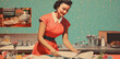 © aledesun - classic illustration of a 50s era, housewife in a retro vintage kitchen, classic candy color palette , wallpaper pattern use