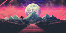 Surreal Landscape With Planets , Shapes And Empty Scene  With Neon Vaporwave 80s  Palette, Wallpaper Abstract Theme Concept